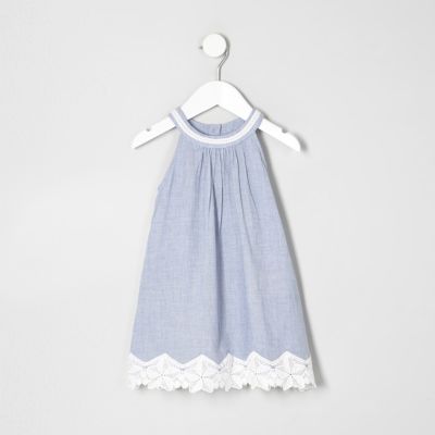 Mini girls blue chambray lace hem dress